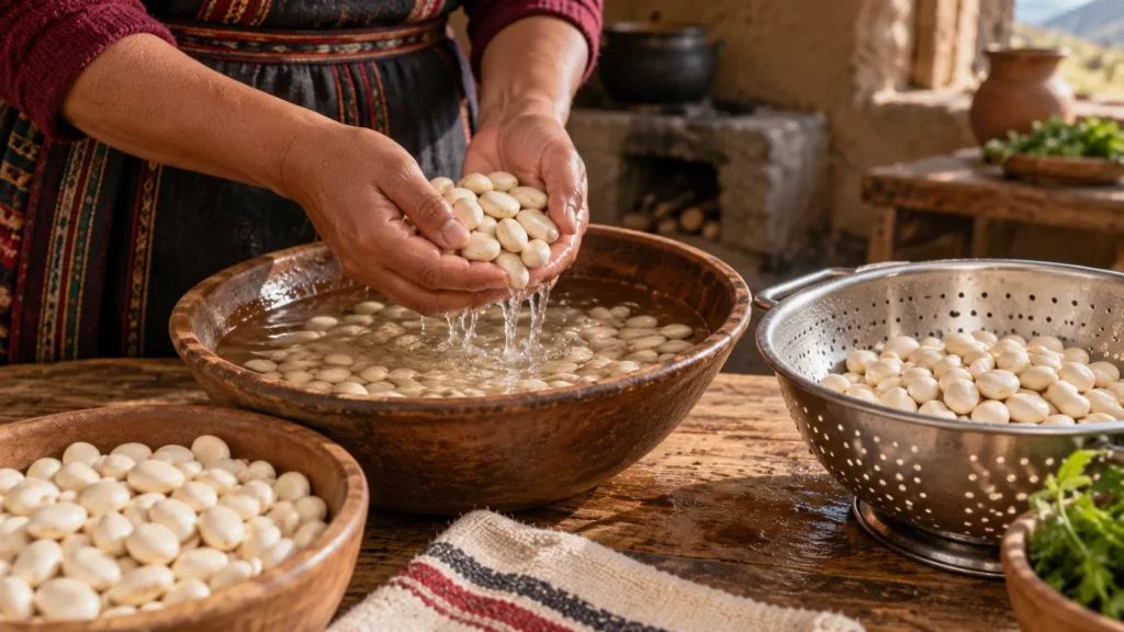 Tarwi beans being rinsed during the traditional debittering process